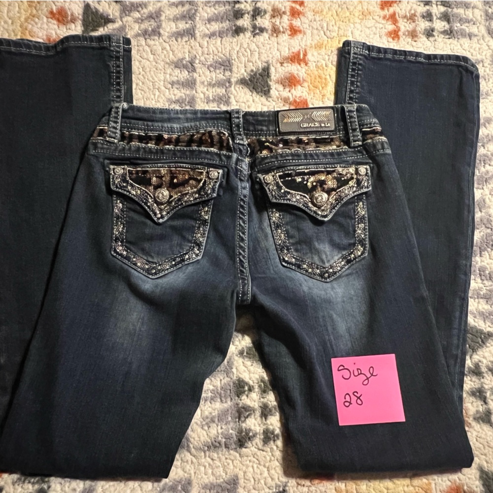 Grace in LA Dark Blue Boot Cut Jeans with Embellished Pockets